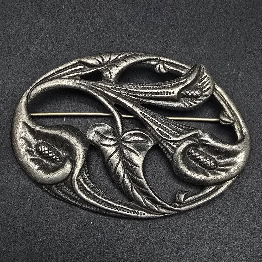 Sterling Silver Callalily Flower Brooch Oval Silver Tone Lily Art Nouveau
